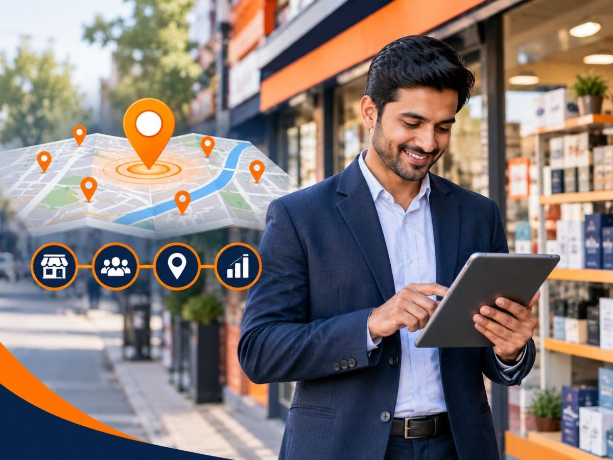 City map with location pins marking nearby business prospects